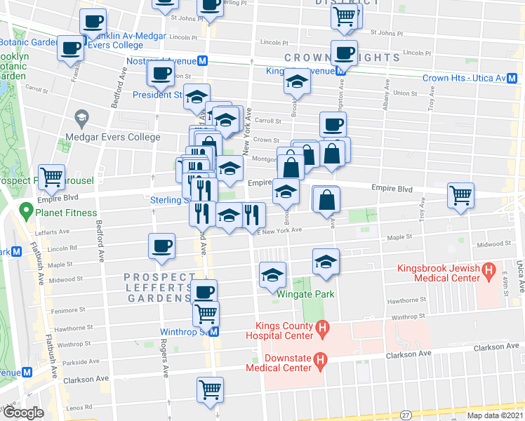 map of restaurants, bars, coffee shops, grocery stores, and more near 425 Sterling Street in Brooklyn