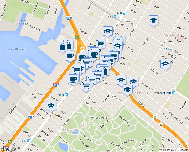 map of restaurants, bars, coffee shops, grocery stores, and more near 189 19th Street in Brooklyn