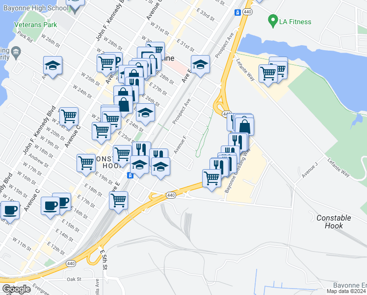 map of restaurants, bars, coffee shops, grocery stores, and more near 2 Packard Street in Bayonne