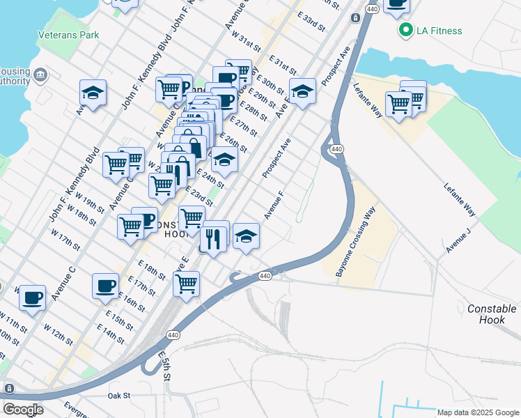 map of restaurants, bars, coffee shops, grocery stores, and more near 114 Prospect Avenue in Bayonne