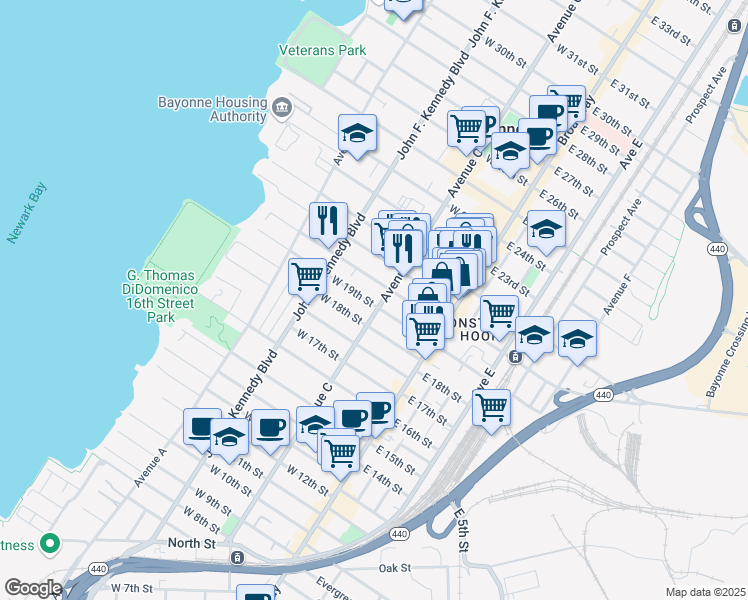 map of restaurants, bars, coffee shops, grocery stores, and more near 63 West 21st Street in Bayonne