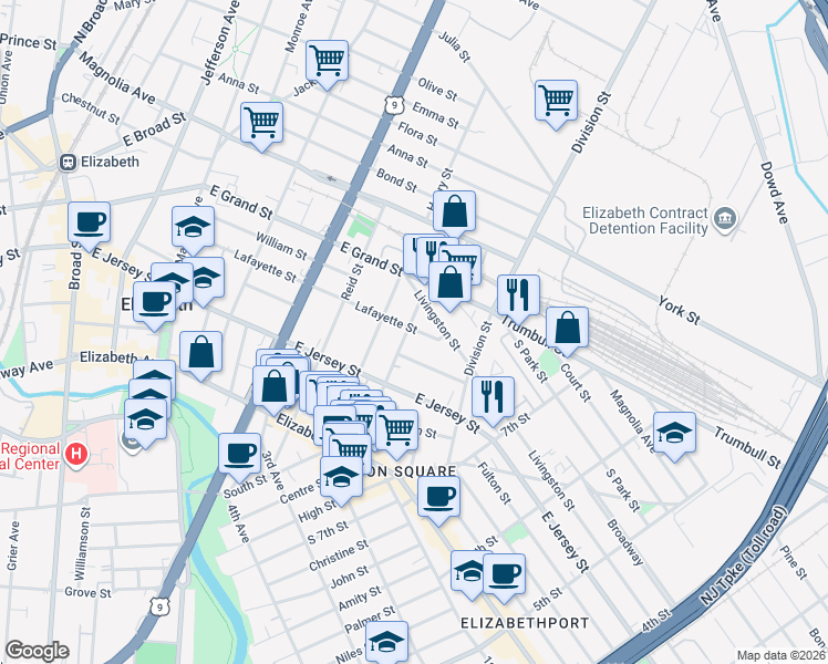 map of restaurants, bars, coffee shops, grocery stores, and more near 160 Smith Street in Elizabeth