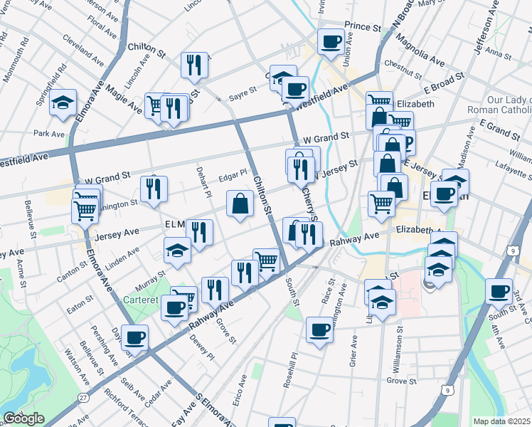 map of restaurants, bars, coffee shops, grocery stores, and more near 201-211 West Jersey Street in Elizabeth