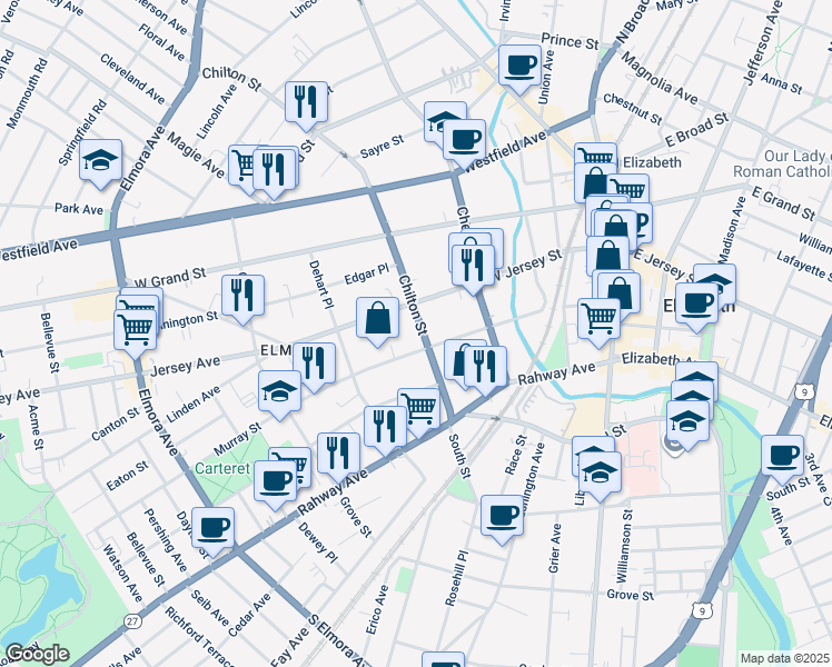 map of restaurants, bars, coffee shops, grocery stores, and more near 201-211 West Jersey Street in Elizabeth