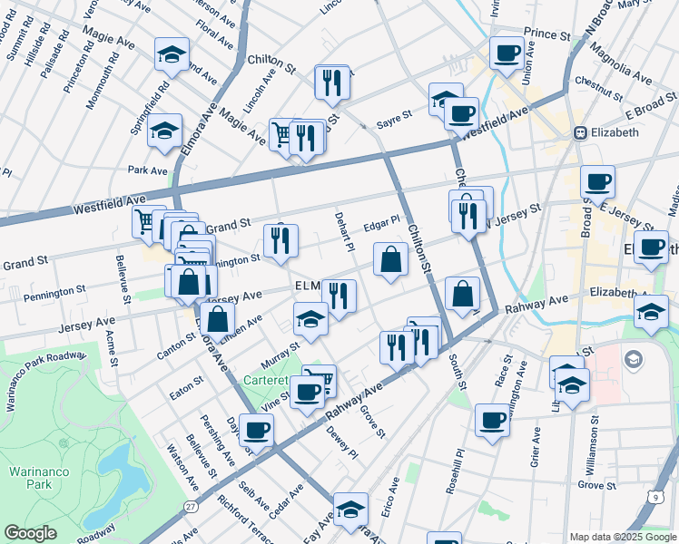 map of restaurants, bars, coffee shops, grocery stores, and more near 301-311 West Jersey Street in Elizabeth