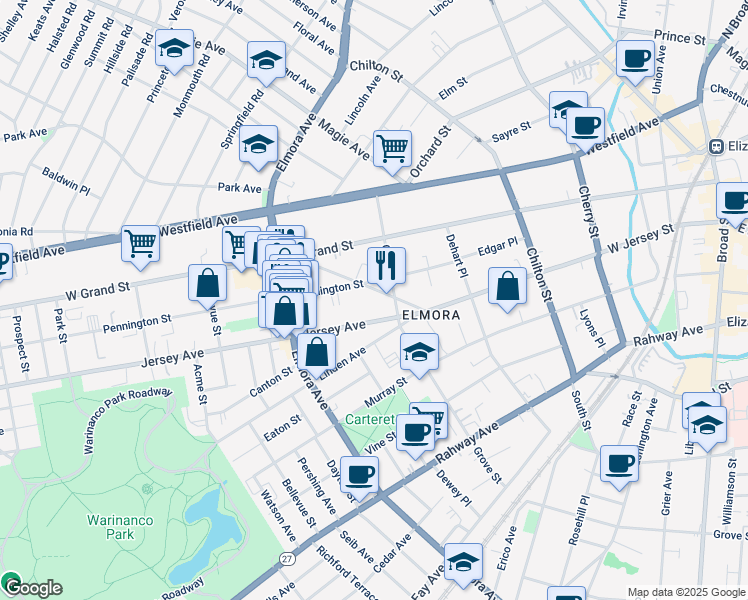 map of restaurants, bars, coffee shops, grocery stores, and more near 435 West End Avenue in Elizabeth