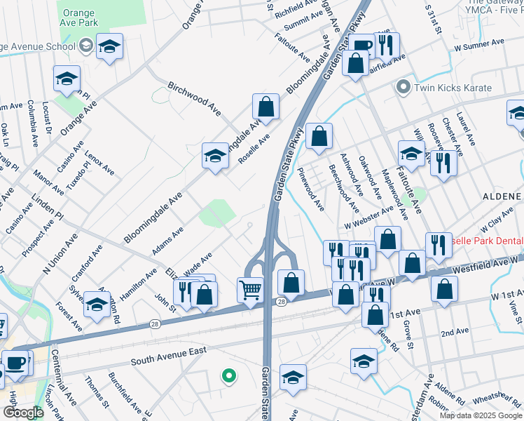 map of restaurants, bars, coffee shops, grocery stores, and more near 10 Carol Court in Cranford