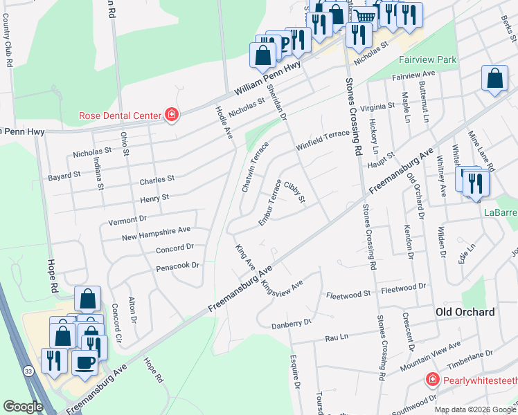 map of restaurants, bars, coffee shops, grocery stores, and more near 4320 Winfield Terrace in Easton