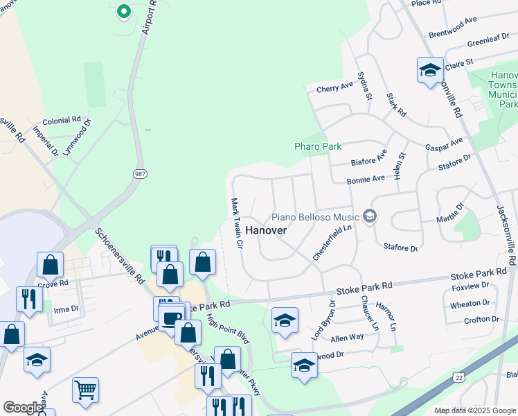 map of restaurants, bars, coffee shops, grocery stores, and more near 3655 Walt Whitman Lane in Bethlehem