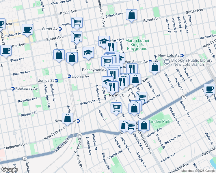 map of restaurants, bars, coffee shops, grocery stores, and more near 574 Granville Payne Avenue in Brooklyn