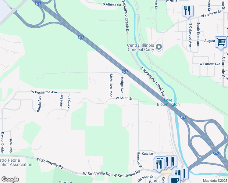 map of restaurants, bars, coffee shops, grocery stores, and more near 2208 McMullen Road in Bartonville