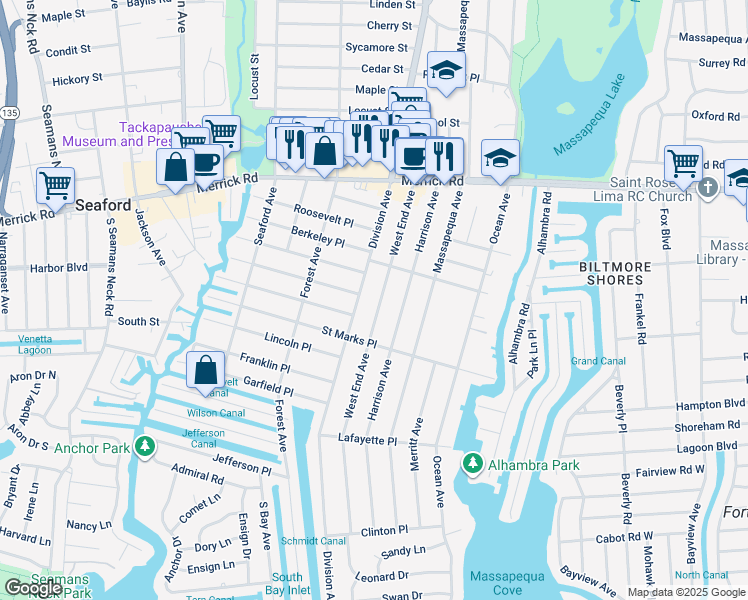 map of restaurants, bars, coffee shops, grocery stores, and more near 253 West End Avenue in Massapequa
