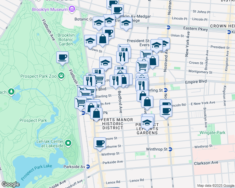 map of restaurants, bars, coffee shops, grocery stores, and more near 1764 Bedford Avenue in Brooklyn