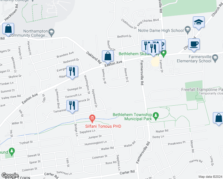 map of restaurants, bars, coffee shops, grocery stores, and more near 3238 Reeve Drive West in Bethlehem