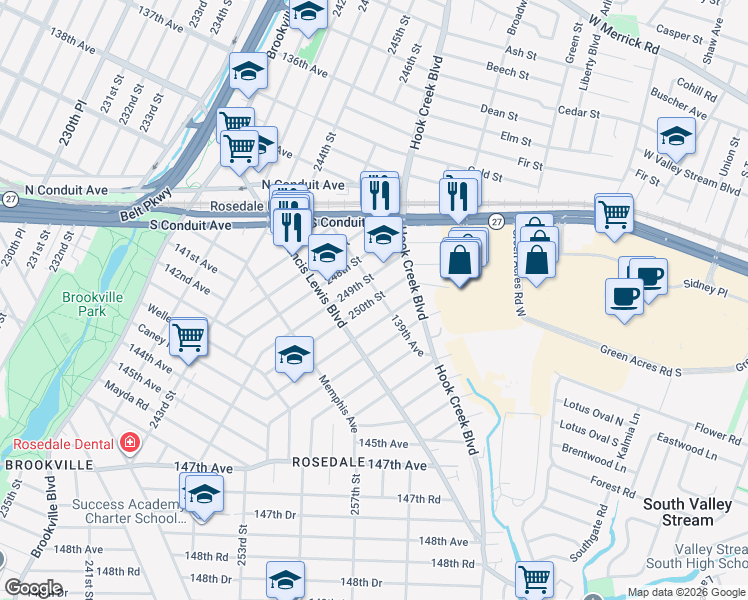 map of restaurants, bars, coffee shops, grocery stores, and more near 249-03 139th Avenue in Queens
