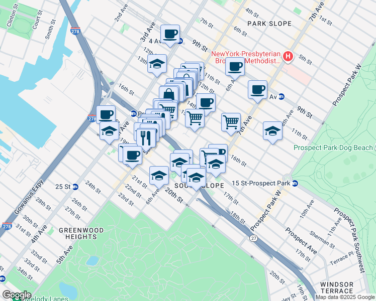 map of restaurants, bars, coffee shops, grocery stores, and more near 302 Prospect Avenue in Brooklyn