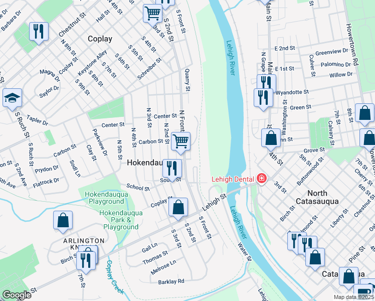 map of restaurants, bars, coffee shops, grocery stores, and more near 3118 North Front Street in Hokendauqua