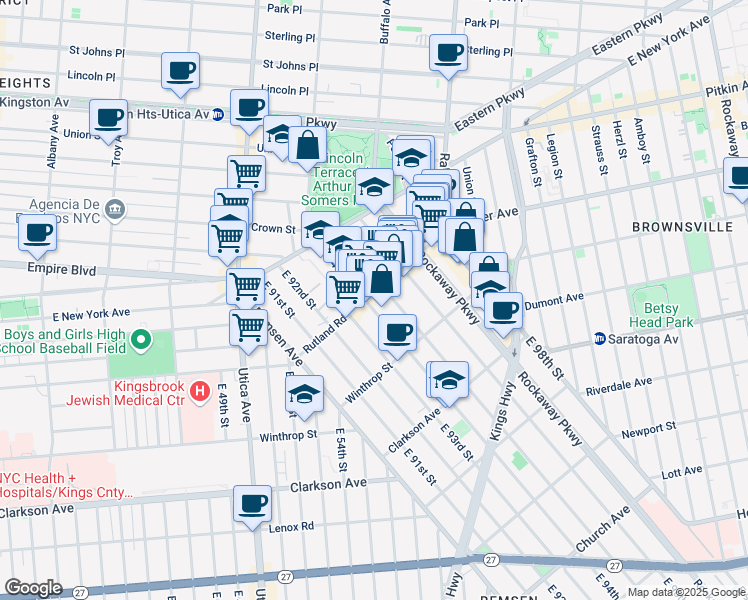 map of restaurants, bars, coffee shops, grocery stores, and more near 80 East 95th Street in Brooklyn