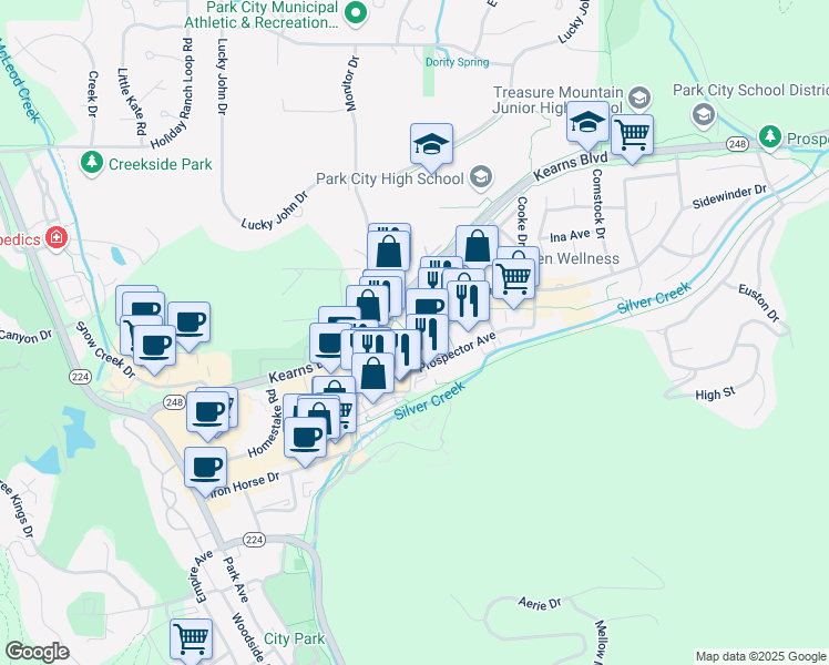 map of restaurants, bars, coffee shops, grocery stores, and more near 1725 Sidewinder Drive in Park City