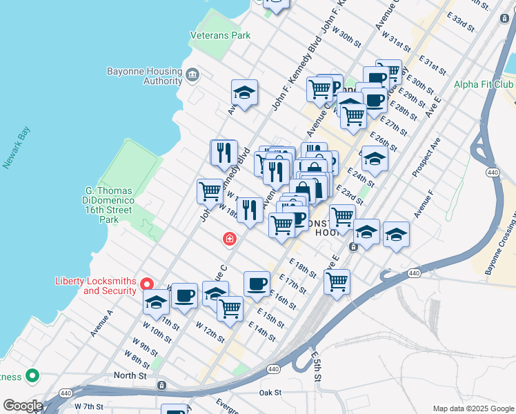 map of restaurants, bars, coffee shops, grocery stores, and more near 63 West 21st Street in Bayonne