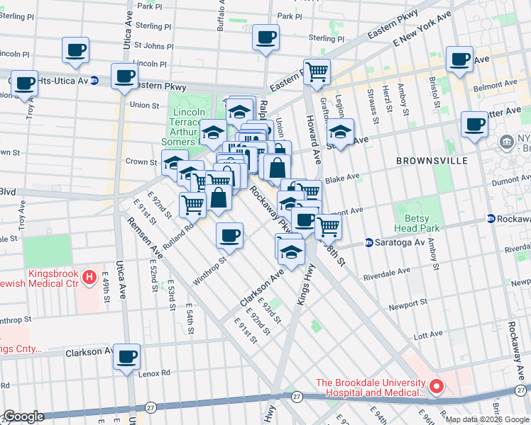 map of restaurants, bars, coffee shops, grocery stores, and more near 150 Rockaway Parkway in Brooklyn