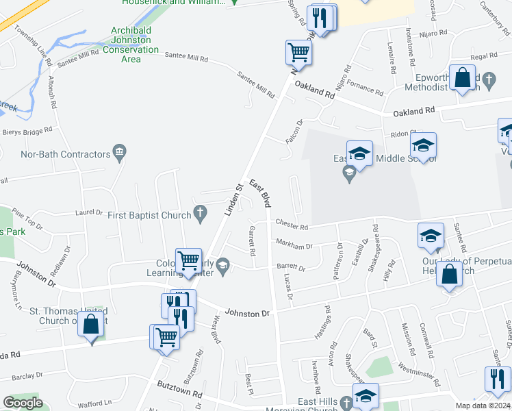 map of restaurants, bars, coffee shops, grocery stores, and more near 1465 Olivia Court in Bethlehem