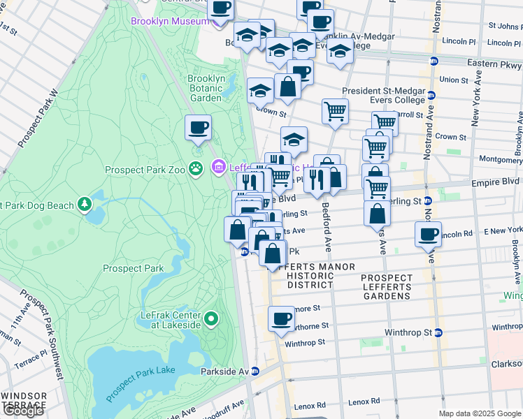 map of restaurants, bars, coffee shops, grocery stores, and more near 1069 Washington Avenue in Brooklyn