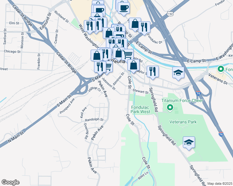 map of restaurants, bars, coffee shops, grocery stores, and more near 226 Johnson Street in East Peoria