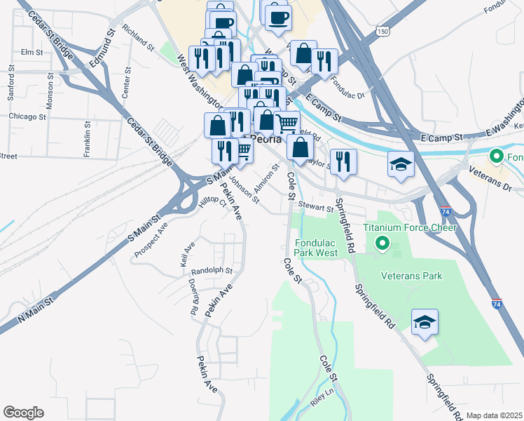 map of restaurants, bars, coffee shops, grocery stores, and more near 201 Johnson Street in East Peoria