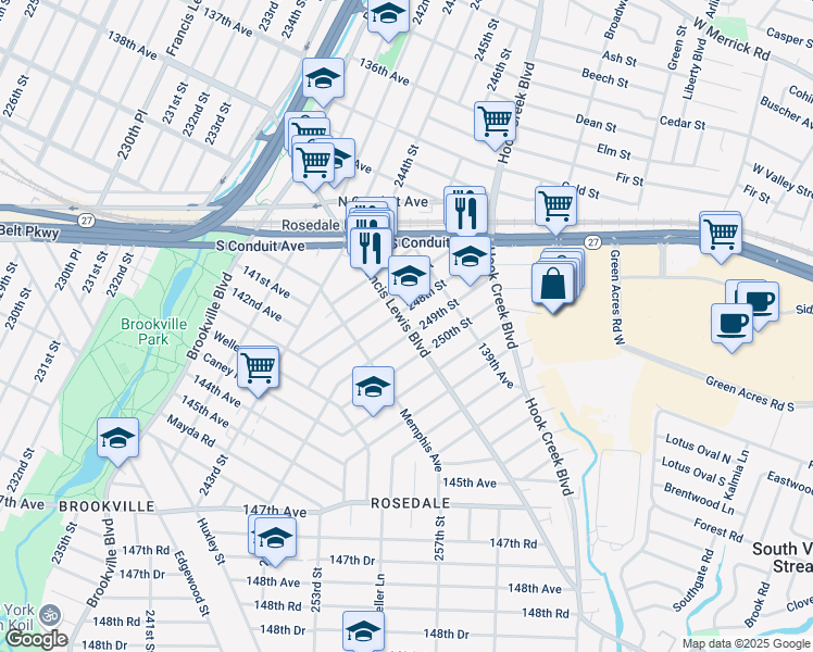 map of restaurants, bars, coffee shops, grocery stores, and more near 139-21 248th Street in Queens
