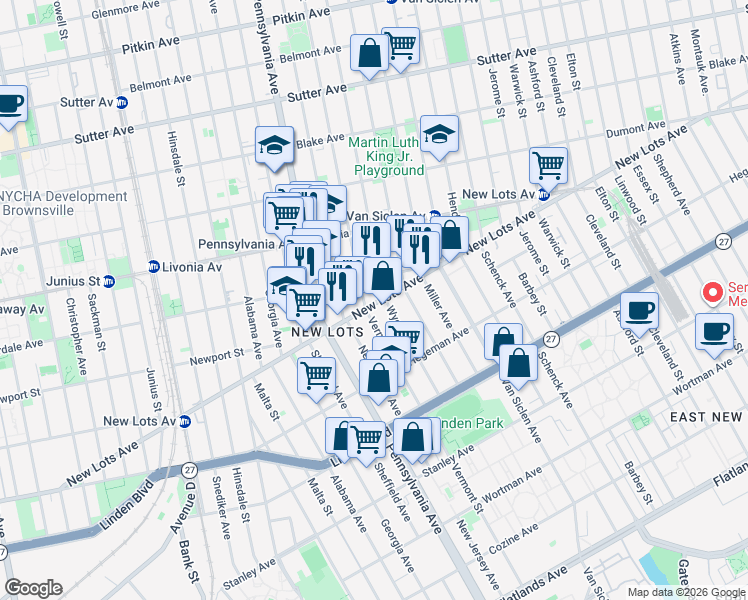 map of restaurants, bars, coffee shops, grocery stores, and more near 453 New Lots Avenue in Brooklyn