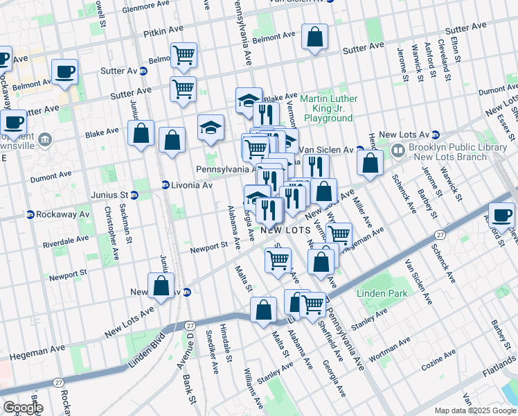 map of restaurants, bars, coffee shops, grocery stores, and more near 572 Riverdale Avenue in Brooklyn