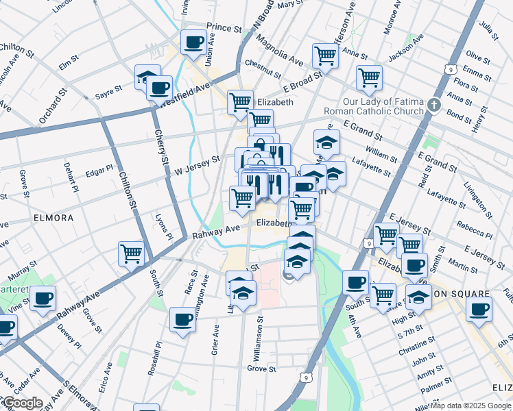 map of restaurants, bars, coffee shops, grocery stores, and more near 47 Broad Street in Elizabeth