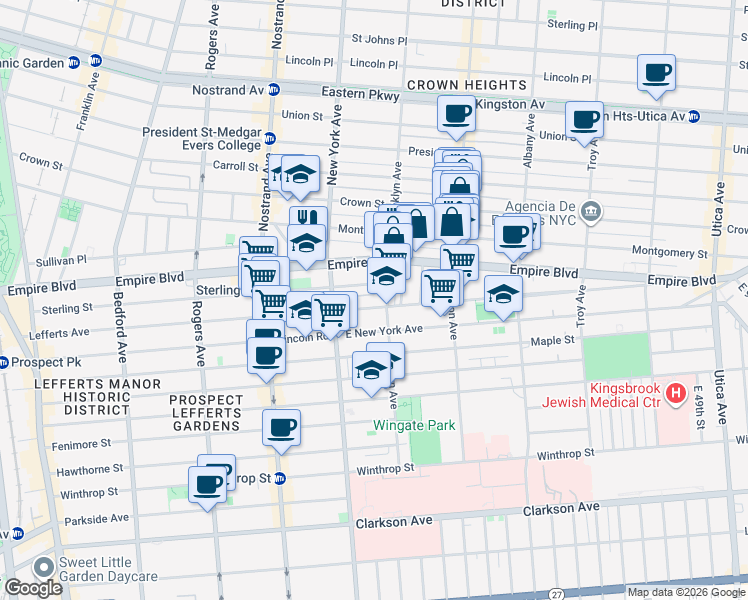 map of restaurants, bars, coffee shops, grocery stores, and more near 461 Brooklyn Avenue in Brooklyn
