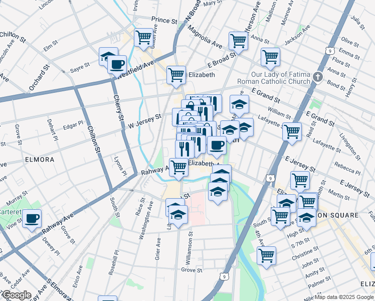 map of restaurants, bars, coffee shops, grocery stores, and more near 47 Broad Street in Elizabeth
