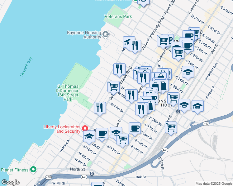 map of restaurants, bars, coffee shops, grocery stores, and more near 497 John F. Kennedy Boulevard in Bayonne