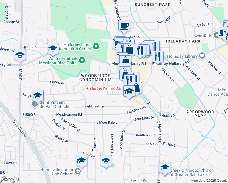 map of restaurants, bars, coffee shops, grocery stores, and more near 4874 Highland Circle in Holladay