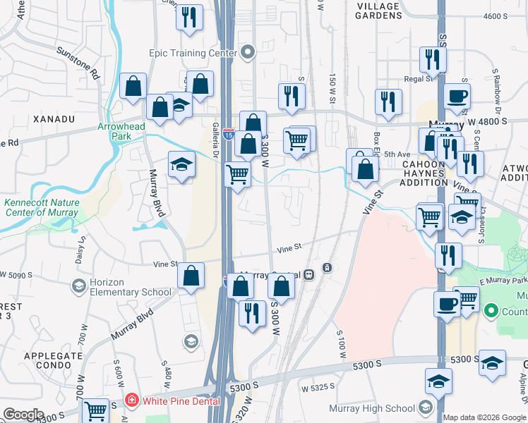map of restaurants, bars, coffee shops, grocery stores, and more near 277 West Berger Lane in Murray