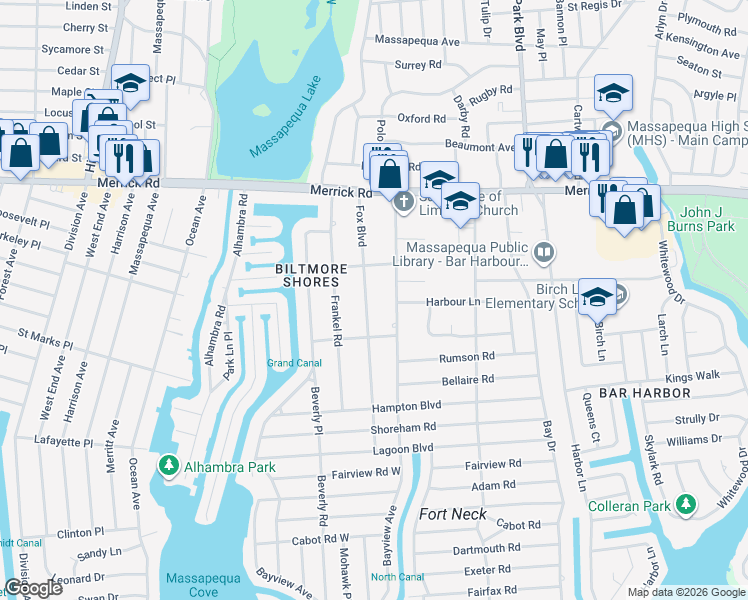 map of restaurants, bars, coffee shops, grocery stores, and more near 45 Fox Boulevard in Massapequa