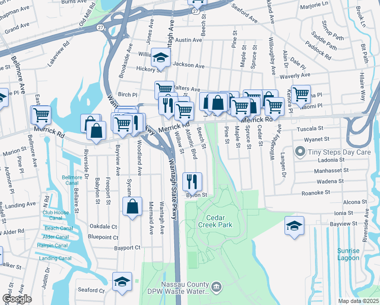 map of restaurants, bars, coffee shops, grocery stores, and more near 2324 Atlantic Boulevard in Wantagh