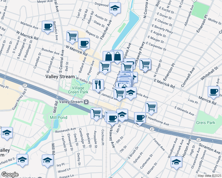 map of restaurants, bars, coffee shops, grocery stores, and more near 43 West Mineola Avenue in Valley Stream
