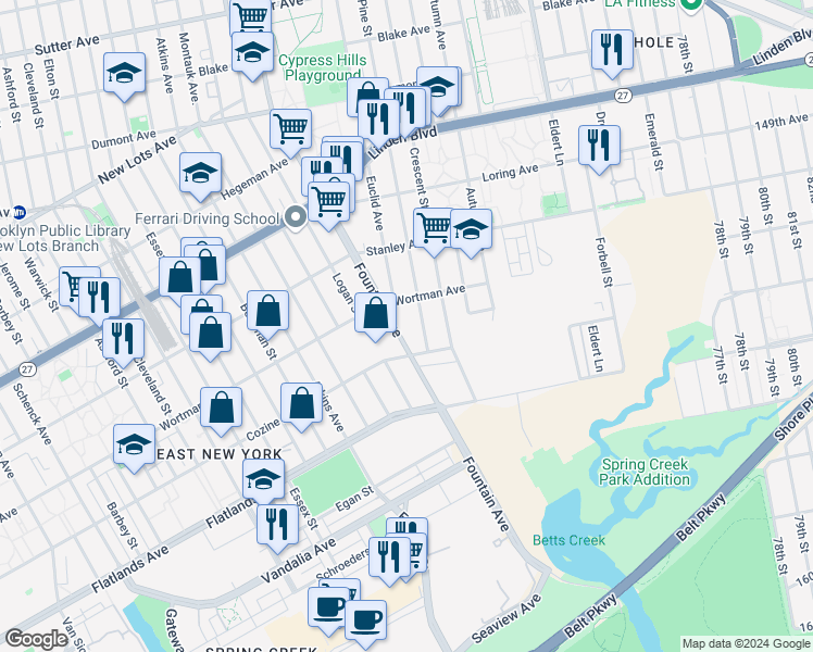 map of restaurants, bars, coffee shops, grocery stores, and more near 674 Wortman Avenue in Brooklyn