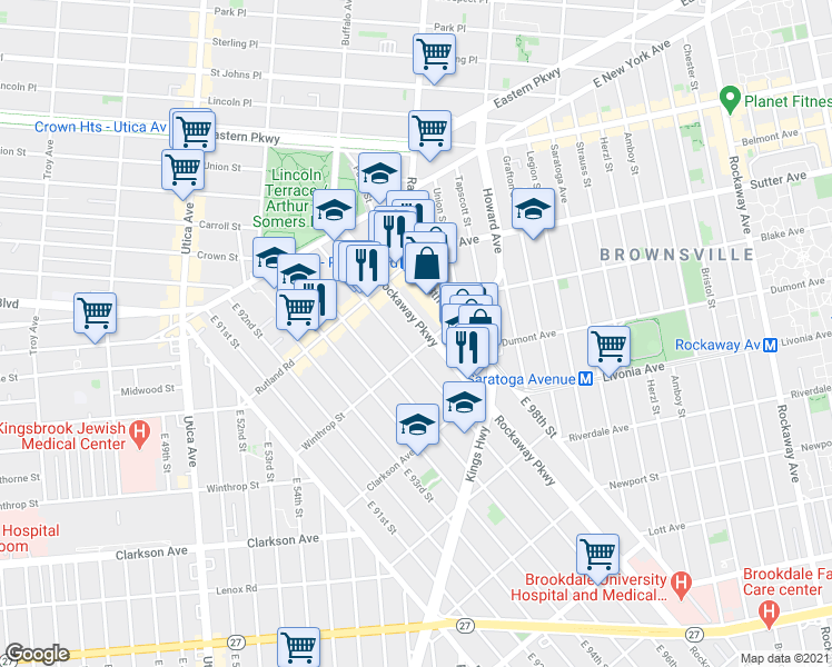 map of restaurants, bars, coffee shops, grocery stores, and more near 122 Rockaway Parkway in Brooklyn