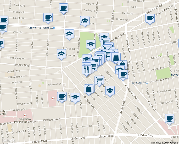 map of restaurants, bars, coffee shops, grocery stores, and more near 80 East 95th Street in Brooklyn