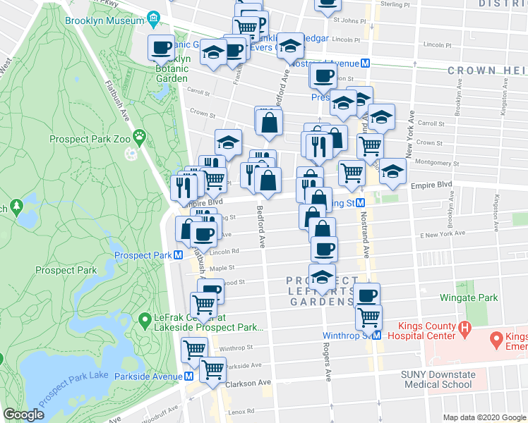 map of restaurants, bars, coffee shops, grocery stores, and more near 1764 Bedford Avenue in Brooklyn