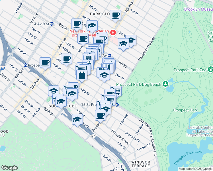 map of restaurants, bars, coffee shops, grocery stores, and more near 445 13th Street in Brooklyn
