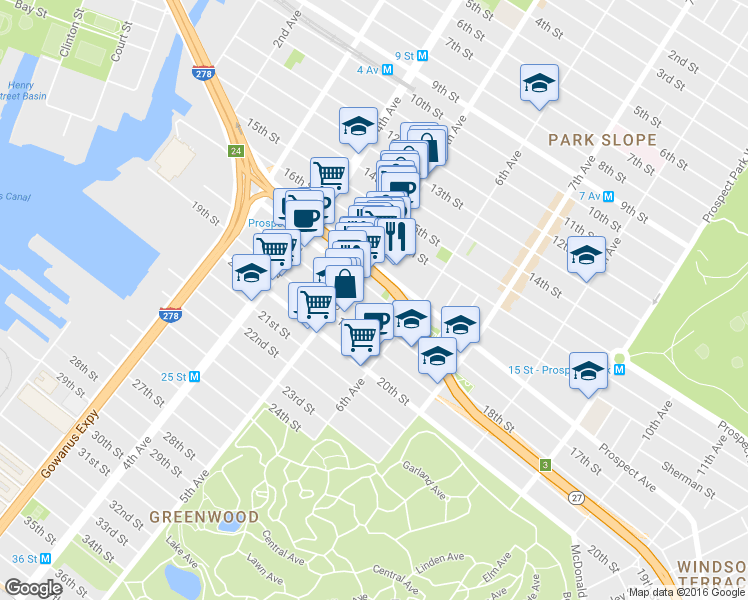 map of restaurants, bars, coffee shops, grocery stores, and more near 613 5th Avenue in Brooklyn