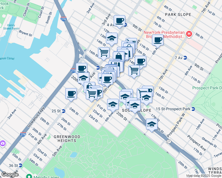 map of restaurants, bars, coffee shops, grocery stores, and more near 613 5th Avenue in Brooklyn