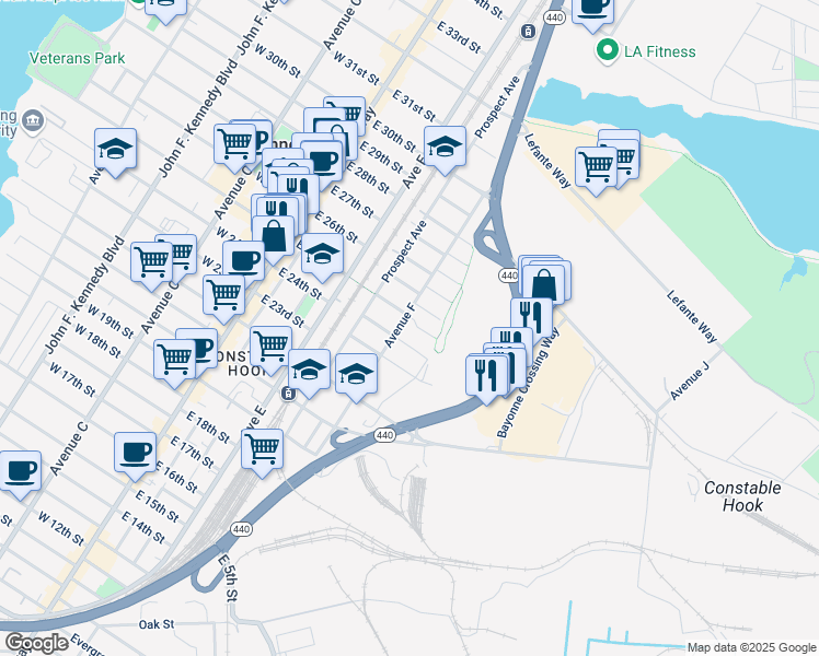 map of restaurants, bars, coffee shops, grocery stores, and more near 2 Packard Street in Bayonne