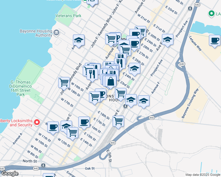 map of restaurants, bars, coffee shops, grocery stores, and more near 13 West 22nd Street in Bayonne